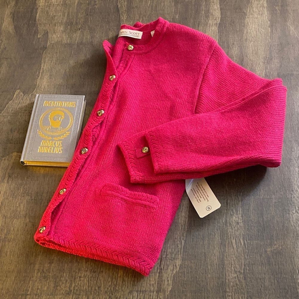 Karen Scott Bright Pink Knit Cardigan with Gold Buttons